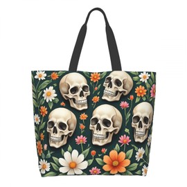 Cafl - Bolsa de hombro con diseño de calavera de flores oscuras, tamaño grande, reutilizable, ecológico, bolsa de playa, portátil, práctica para mujeres, gimnasio, viajes y compras
