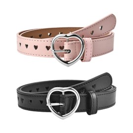 CHROMACRAFT Pack of 2 Women's Belts, Elastic Belt with Heart Buckle, Fashionable Belt, Elastic Belt Made of PU Leather, Adjustable Belt, Dress Belt, black, M