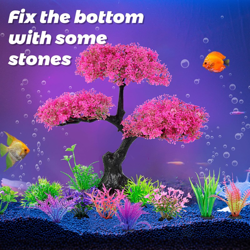 Ameliade Aquarium Artificial Plastic Plants Decoration, Pink Cherry Blossom Tree