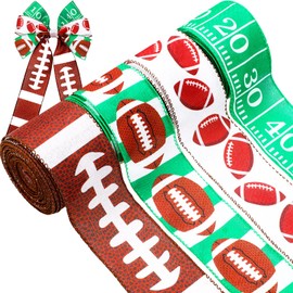 4 Rolls Football Wired Ribbon 2.5 Inch x 24 Yards Green and Brown Football Themed Craft Ribbon Football Wire Edged Ribbon for DIY Wreaths Wrapping for Football Party Decoration