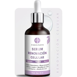 PUREZA NATUR Serum Acido hialuronico facial, Celulas madre, Rosa mosqueta, Colágeno y semillas de cacao. Suero regenerador y renovador de celulas de la piel antiage 50ml