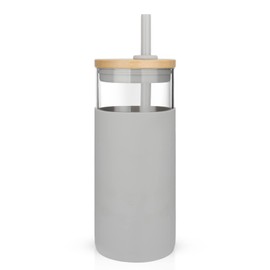 Tronco 20 oz Glass Tumbler with Lid and Straw, Iced Coffee Cup and Smoothie Cup with Bamboo Lids & Protective Silicone Sleeve, Dishwasher Safe, BPA-Free, Glass Cup 1 Pack