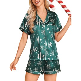 Senert Christmas Matching Pajamas Women Short Sleeve Satin Silk Pj Set Festival Party Sleepwear Shorts Set Green Snowflake,Large
