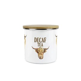 Purely Home Highland Cow Decaf Tea Canister - White Metal Enamel Kitchen Medium Sized Food Storage Container