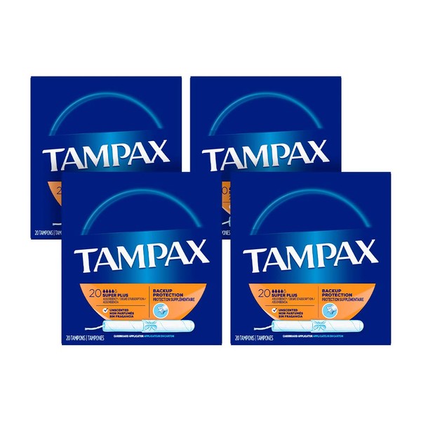 Tampax Cardboard Applicator Tampons, Super Plus Absorbency, Unscented, 20 Count - Pack of 4 (80 Total Count)