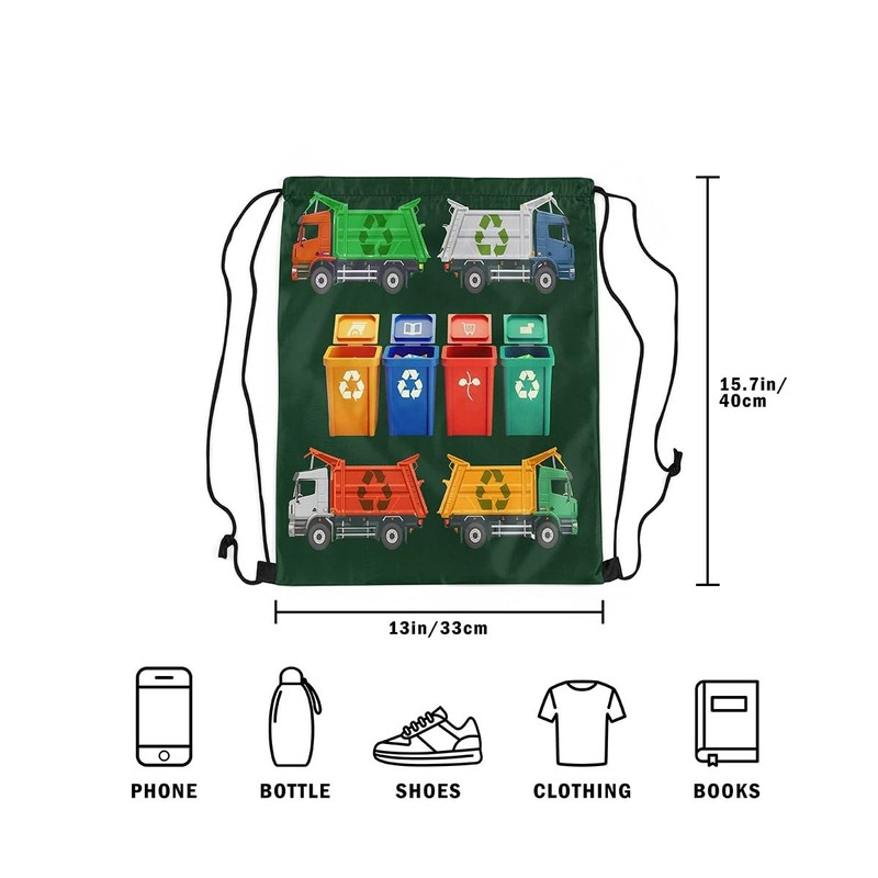 Colorful Garbage Truck Drawstring Backpack,Recycling Trash Can Dumpster Drawstring Bags