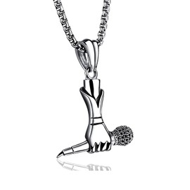 Fusamk Hip Hop Music Titanium Steel Microphone Tag Pendant 24" Chain Necklace(White)