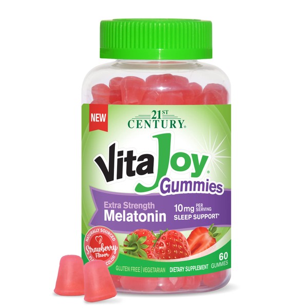 21st Century HealthCare VitaJoy Extra Strength Melatonin 10 mg Gummies, Strawberry, 60 Count, Red