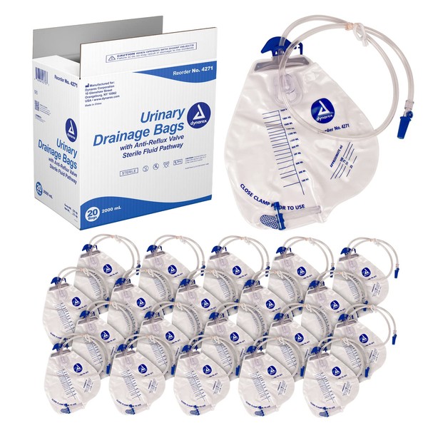 Dynarex Urinary Drainage Bag - Teardrop-Shaped Urine Bags for Men & Women - Anti-Reflux Chamber, No-Needle Sample Port, Universal Hanger - Vinyl Urinary Bags with Clear Markings - 2000ml, 20 Count