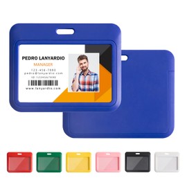 Lanyardio 1 Pack Sliding Horizontal ID Badge Holder Hard Blue Plastic Card Case Protector Pouch with Clear Window for Office School ID Credit Cards and Proximity Key Cards