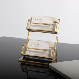 Feyarl Gold Glass Business Card Holder Horizontal Business Cards Stand for Women Desktop Name Cards Display Stand Organizer Storage for Office Desktop Meeting Exhibition Store (2 Slots)