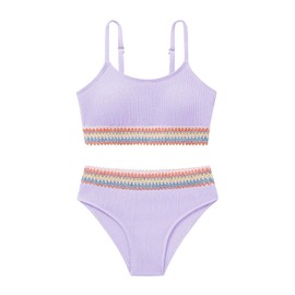 Weixinbuy - Traje de baño para niñas con bloques de color, correa ajustable, dos piezas, traje de baño de playa para niñas de 9 a 16 años, Púrpura, 9-10 Años