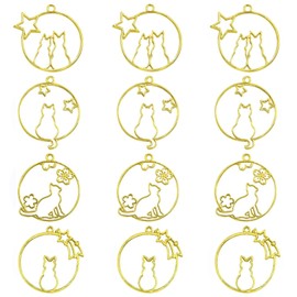 【Samucos】Gold Cat 12-Piece Set Resin Frame Blank Frame Parts with Earring Hooks Cat Handmade UV Craft UV Resin Handmade DIY Pendant Keychain Accessories Frame (C)