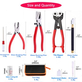 Glass Cutting Tool Set Kit, Wheeled Glass Tile Nippers,Glass Running Pliers,Breaking Pliers, Oil Feed Glass Cutter Set with Leather Zipper Bag for Stained Glass, Tiles, Mosaic, Mirrors,Bottle, Fusing