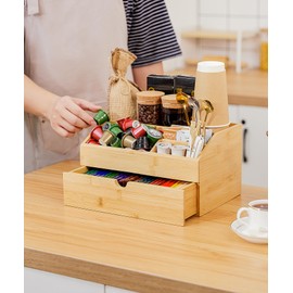 Cozivolife Coffee Bar Organizer Countertop with Drawer, Cafe Station Storage for Bar Accessories,Bamboo Espresso Bar Decor Holder for Bar Decor,Bamboo