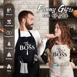 Moanlor Art Funny Couple Aprons Set for Cooking-Couple Gifts-Engagement Anniversary Hostess Home Gifts for Couples (The Boll/The Real Boss)