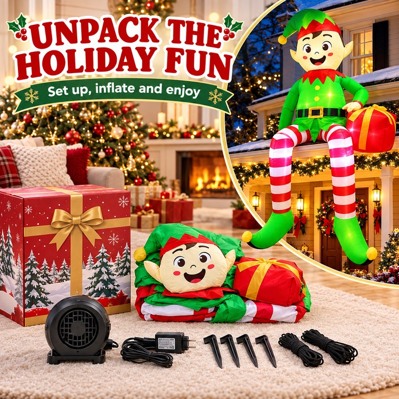8FT Christmas Inflatable Elf for Holiday Display – LED Lighted
