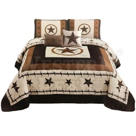 Western Peak 5 Pc Western Texas Cross Lodge Barbed Wire Quilt Bedspread Shams Pillow Oversize Comforter (Beige Star Gun, King)