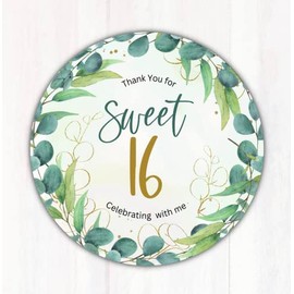 60 2-Inch Sweet 16 Birthday Party Favor Stickers - Eucalyptus Leaves Green Sweet 16 Goody Bag Stickers - Birthday Sticker Favors For 16th Birthday
