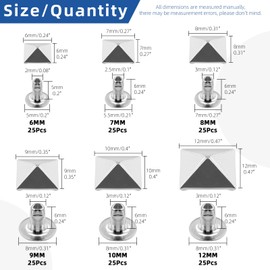 Glarks 150 pieces silver spike rivets, 6 mm, 7 mm, 8 mm, 9 mm, 10 mm, 12 mm, pyramid quick rivets, studs, square, punk spikes, leather craft, decoration for clothing, belt, bags, shoes