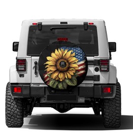 Delerain Spare Tire Cover with Backup Camera Hole Sunflower with USA Flag Wheel Covers Waterproof Dust-Proof UV Sun Universal Fit for Jeep Trailer RV SUV Truck (17 Inch for Diameter 31"-33")