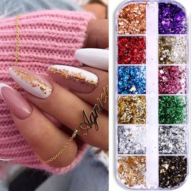 12 Colors Holographic Nail Glitter Foils, Holographic Crafts Stickers Sequins Shiny Charms Sparkly Ultra-Thin Aluminum Foil Nail Art Flakes Design,for Women Girls Manicure Decoration Acrylic Nails Art