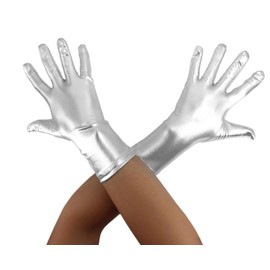 Aniler Unisex Shiny Metallic Wrist Length 1980s Costume Party Gloves, Silver, One Size