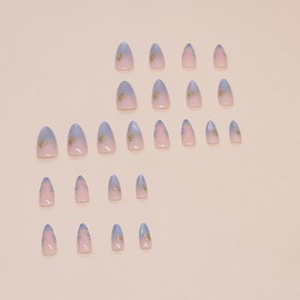 Press on Nails Medium Almond Nails Cat Eye Fake Nails Flowers False Nails Artificial Acrylic Nails with Butterfly Glitter Powder Design Full Cover Glossy Reusable Coffin Nails Glue on Nails for Women