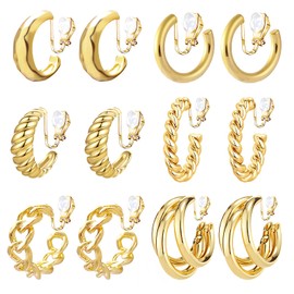 NEWITIN 6 Pairs Gold Clip On Hoop Earrings for Women Classic Large Hoops Multiple Chunky Hoop Earring No Piercing Fake Earring Clip On Earrings for Women, Medium, Metal, No Gemstone