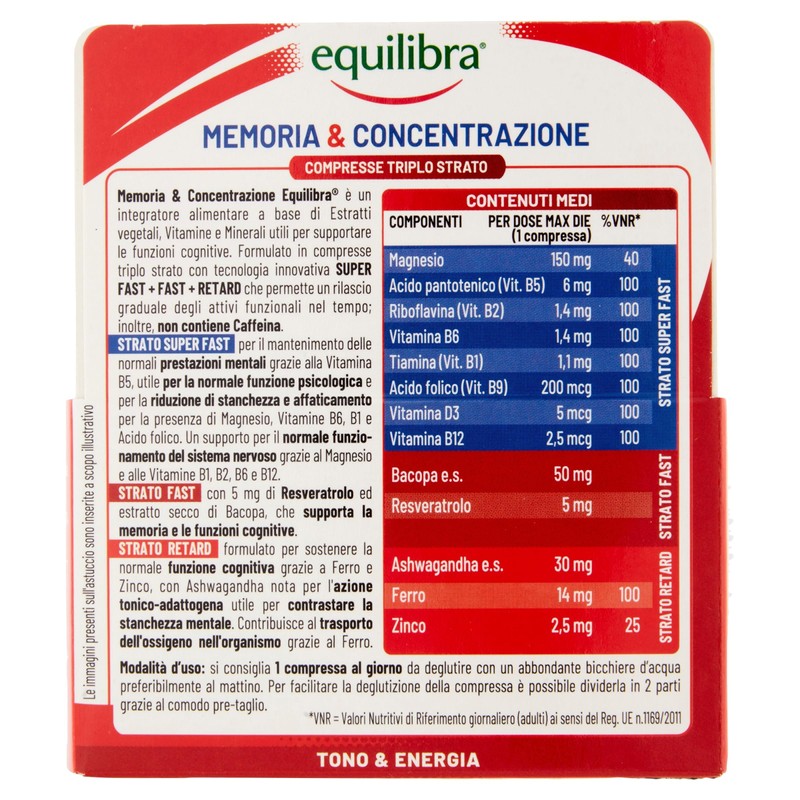 Equilibra, Memoria e Concentrazione, 30 Compresse Triplo-Strato, con Ferro, Zinco,