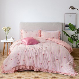 A Nice Night Rainbow Stripes & Bows Bedding Set,Ruffle 6 Piece Bed in a Bag Matching Sheet Set,Princess Style Chic Bow Printed,Light Pink Room Decor for Girls,Twin