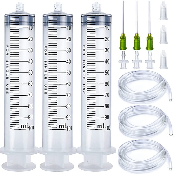 3 Pack 100ml/cc Large Plastic Syringe with Cap, 3Pcs 3.2ft Handy Plastic Tubing 14ga Blunt Tip and Luer Connections, Tubing Connnector for Scientific Labs, Measuring, Watering, Refilling, Filtration, Feeding