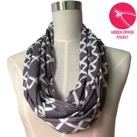 Pop Fashion Shop Womens Interlocking Chain Square Pattern Scarf with Zipper Pocket (Grey)