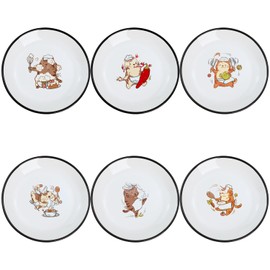 Bicuzat Funny Fidgety Chef Cat Pattern Ceramic Sauce Dishes, Seasoning Dishes, Sushi Soy Dipping Bowls, Appetizer Plates, Dessert Plates, Little Cat Bird Feeding Bowls, Set of 6-Chef Cat-5 Inch