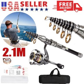 Unbranded 2.1M Carbon Fiber Telescopic Fishing Rod Portable Travel Spinning Pole New