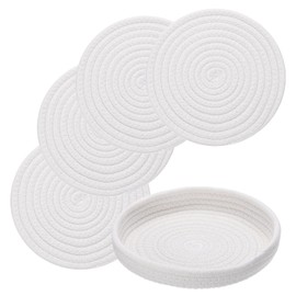 sourcing map 9 Inches Trivets for Hot Dishes, Heat Resistant Beige Trivets for Hot Pots and Pans, 4 Pcs Cotton Hot Pads and 1 Pcs Storage Basket for Countertops, Pot Holders, Kitchen,Table