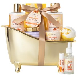 Cestas de regalo de spa para mujeres y hombres, juegos de baño de aromas de lujo de miel y almendras para mujeres, juego de spa con loción corporal, bálsamo labial y más juego de regalo de baño, el