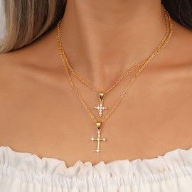 Xmsrn Vintage Layered Cross Pendant Necklace Crystal Cross Choker Necklace Rhinestone Cross Necklace Gold Double Cross Necklace for Women
