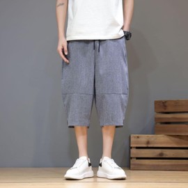 Men's Sarouel Pants, Summer Clothes, Medium Pants, Casual, Sweat Absorbent, Quick Drying, Adjustable Drawstring, Solid, Thin, Cool, Hakama Pants, 3/4 Length, Large Size, Wide Pants, #K06-grey, XL