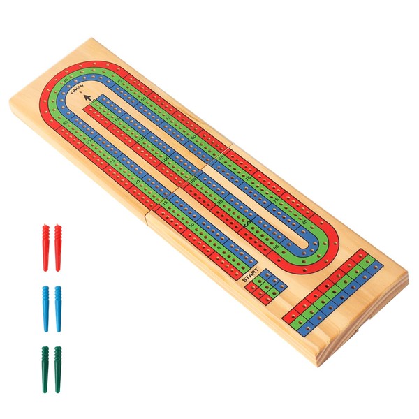 GSE Wooden Folding 3-Track Color Coded Travel Cribbage Board with 6 Plastic Pegs, Wooden Travel Portable Cribbage Board Game Set