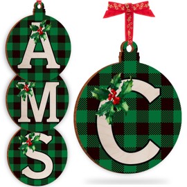 Christmas Initial Ornament for Christmas Tree Decorations - 12x10cm - Xmas Wooden Hanging Baubles - Xma Family Tree Gifts C2 (Initial #C)