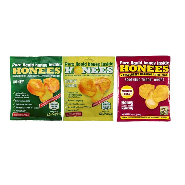 Honees Cough Drops 3 Flavors Honey + Lemon + Eucalyptus 3 Pack Total 60 Drops