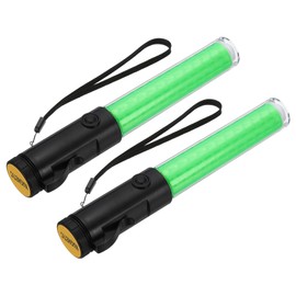 PATIKIL 2 Pack 11 Inch Signal Traffic Wand, Air Traffic Control Wand LED Flashlight with 3 Flashing Modes Side Clip Wrist Strap Lanyard for Parking Directing Guides, Green