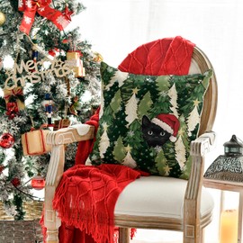 AVOIN colorlife Black Cat Green Christmas Trees Stars Throw Pillow Cover, 18 x 18 Inch Seasonal Winter Holiday Green Cushion Case Decoration for Sofa Couch