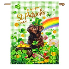 Chocolate Lab St Patricks House Flags 28x40 Double Sided Labrador Dog St Patricks Day Lawn Flag Buffalo Plaid Shamrock Flag Outdoor Rainbow St Patrick Day Garden Flag Large