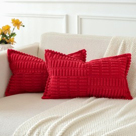 JOTOM Set of 2 Corduroy Soft Striped Cushion Covers with Splicing 30x50 cm Boho Decorative Throw Pillow Covers Lumbar Cushion Case Couch Pillowcases for Sofa Bed Home Decor 12x20 Inch (Red)