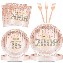 96Pcs Sweet 16 Party Plates and Napkins for Girls Pink Rose Gold 16th Party Supplies Sweet 16 Themed Paper Dessert Plates Back in 2008 Party Tableware Set for 24 Guests Birthday Party Decorations