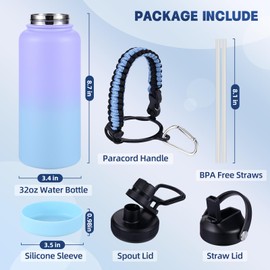 CoolSub Insulated Water Bottle, 32 oz Stainless Steel Wide Mouth Water Bottles with 2 Leak Proof Lid and Paracord Handle, Double Wall Vacuum Insulated Sports Water Bottle, Purple Blue