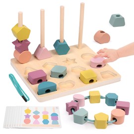 3-in-1 Children's Montessori Toy from 3 4 5 Years, Wooden Toy Plug-In Game Threading Game Building Blocks Sorting Game Wooden Stacking Game Fine Motor Skills Toy Educational Games Gift for Baby Boys