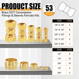 Ailbiuko 53 PCS DOT Brass Compression Air Brake Nylon Tubing Fittings,Straight Union Fitting Assortment Kit 1/4" 1/8" 3/8" 1/2" 5/8" for Truck or Industrial Air System
